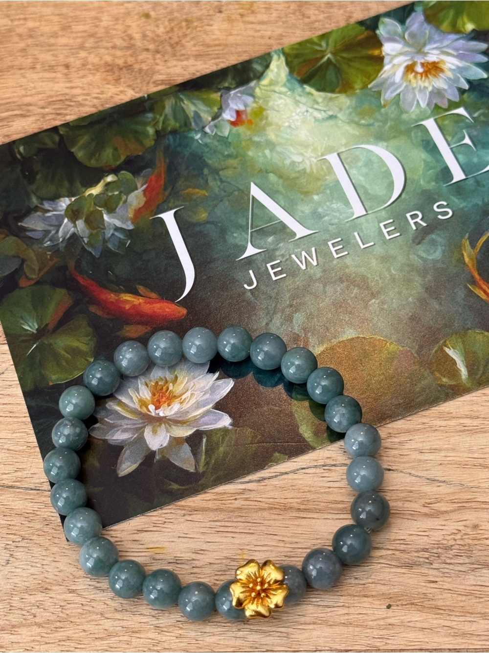 Authentic Beaded Green Jade Bracelet with Gold Flower Accent